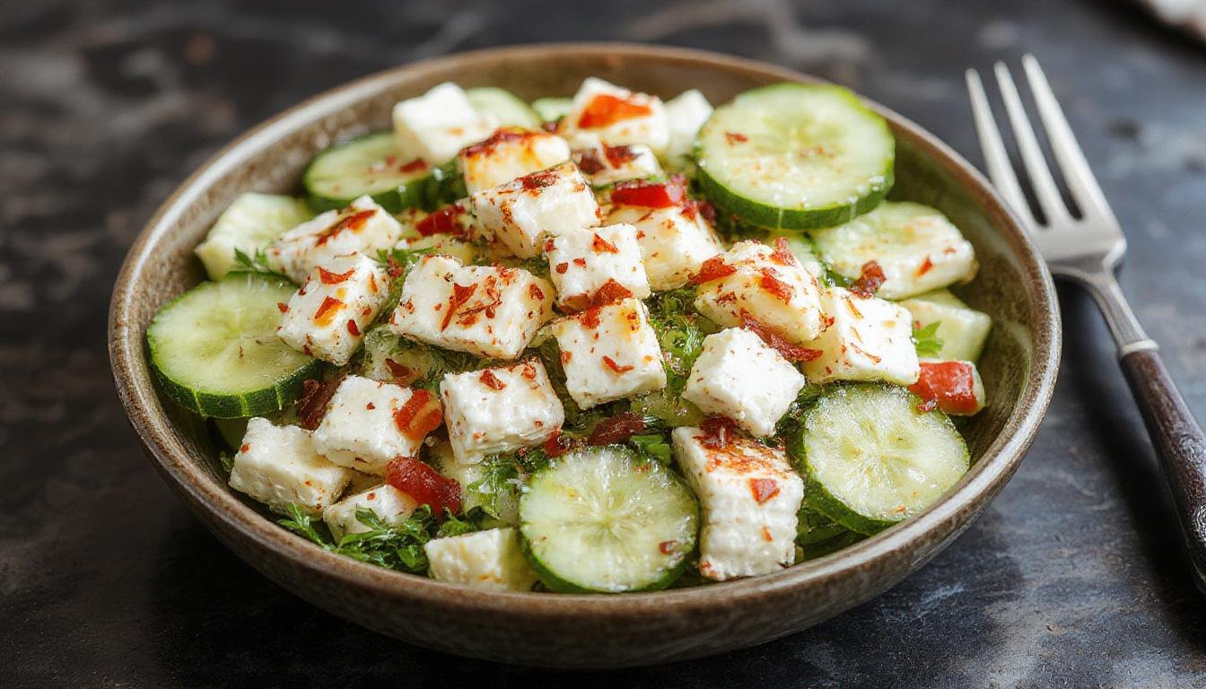 A vibrant cucumber feta salad served in a clear glass bowl, featuring freshly sliced cucumbers, crumbled feta cheese, and a drizzle of lemon vinaigrette, garnished with chopped herbs. The salad's colors include crisp green, white feta, and a hint of yellow glaze from the vinaigrette, arranged attractively with fresh ingredients visible.