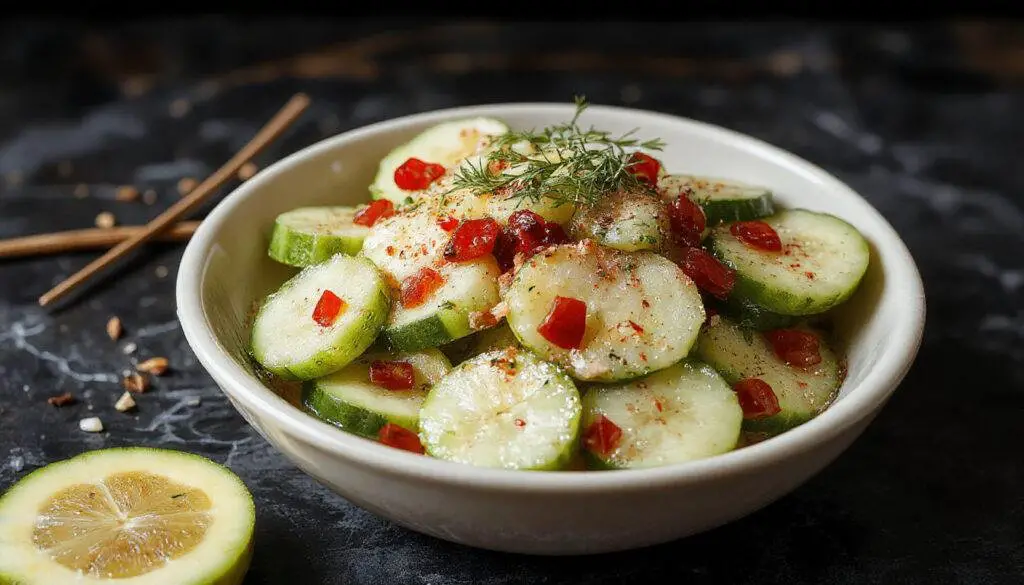 A vibrant cucumber salad featuring thinly sliced cucumbers coated in a clear vinegar-based dressing, garnished with fresh herbs, served on a white plate with a light sheen and a crisp, refreshing appearance.