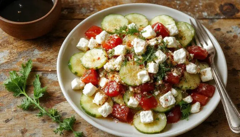 A vibrant Greek cucumber salad featuring thinly sliced crisp cucumbers topped with crumbled white feta cheese, diced ripe tomatoes, and fresh herbs, presented in a rustic white bowl. The salad is garnished with a drizzle of olive oil and a hint of oregano, showcasing a colorful and fresh appearance with contrasting textures.