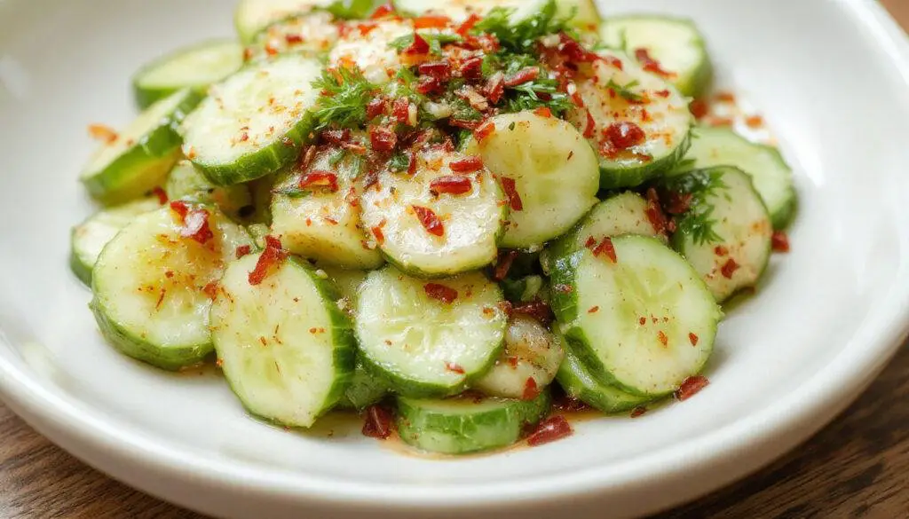 A vibrant bowl of Korean cucumber salad featuring thinly sliced crisp cucumbers coated in a bright, tangy dressing. The cucumbers are garnished with sesame seeds and chopped green onions, arranged artfully on a white plate with a rustic wooden background. The salad appears fresh, with a glossy sheen highlighting its crunchiness and flavorful marinade.