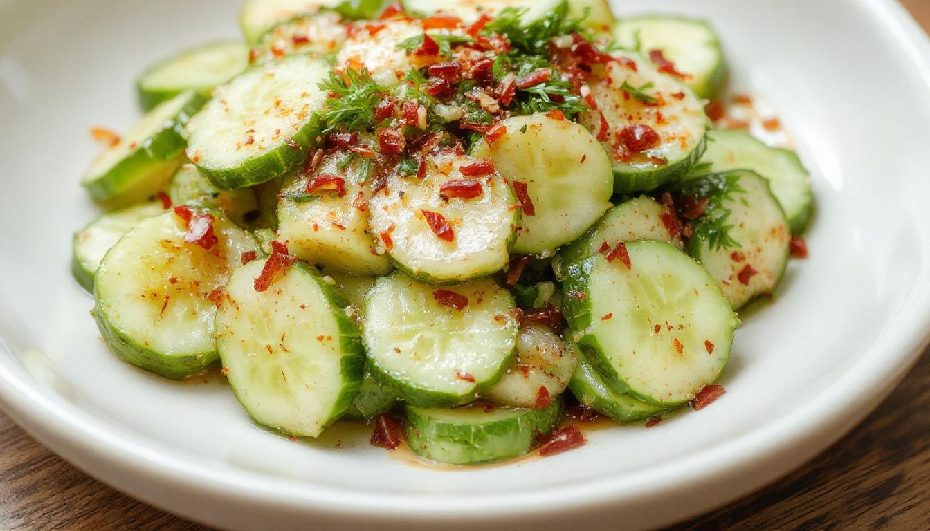 A vibrant bowl of Korean cucumber salad featuring thinly sliced crisp cucumbers coated in a bright, tangy dressing. The cucumbers are garnished with sesame seeds and chopped green onions, arranged artfully on a white plate with a rustic wooden background. The salad appears fresh, with a glossy sheen highlighting its crunchiness and flavorful marinade.