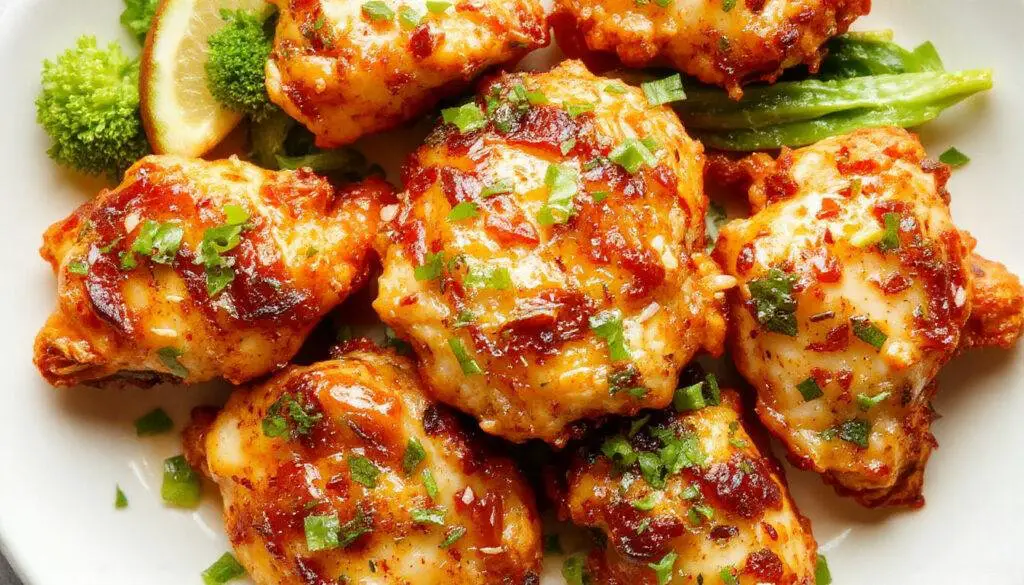 Golden-brown crispy chicken pieces coated with a glossy, spicy orange sauce, arranged neatly on a white plate with garnishes of chopped green onions and sesame seeds, the dish appears hot, flavorful, and inviting with a crispy texture contrasting with the smooth sauce.