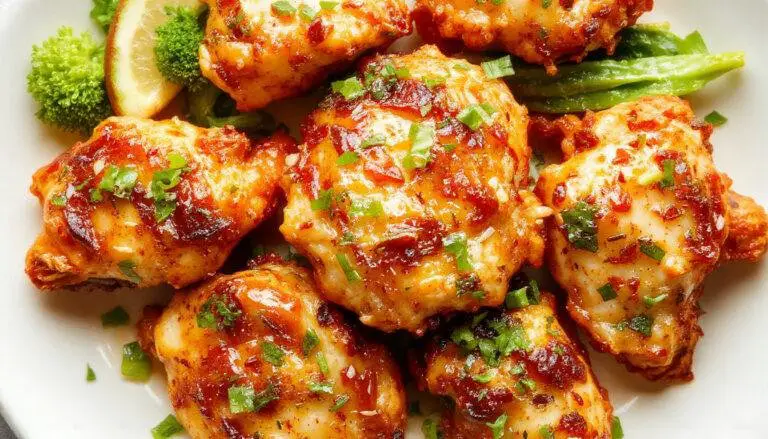 Golden-brown crispy chicken pieces coated with a glossy, spicy orange sauce, arranged neatly on a white plate with garnishes of chopped green onions and sesame seeds, the dish appears hot, flavorful, and inviting with a crispy texture contrasting with the smooth sauce.