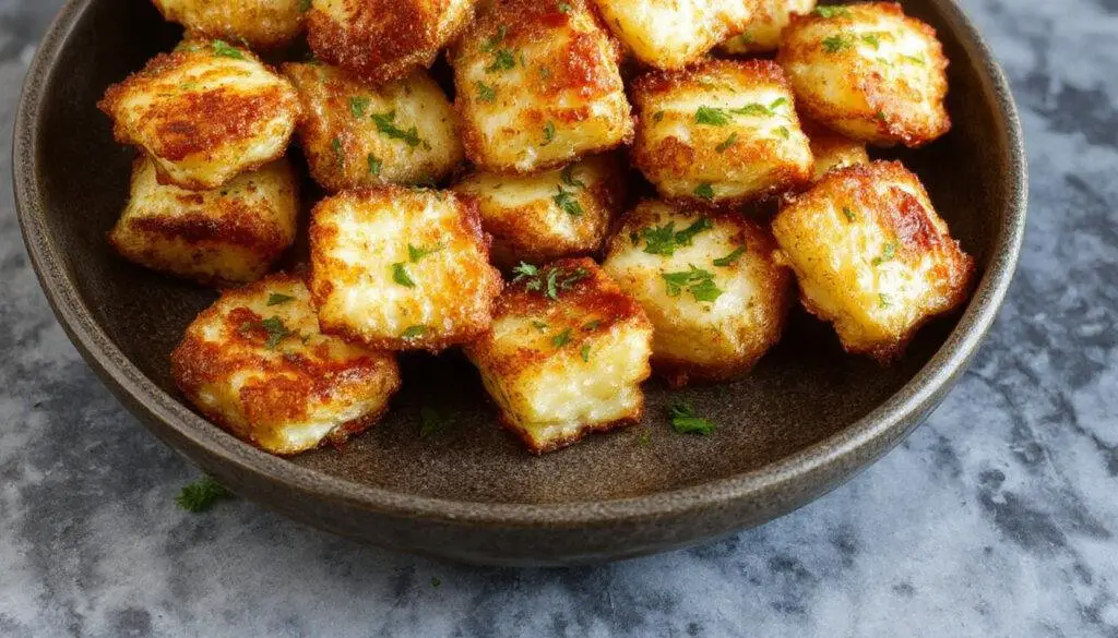 Golden-brown crispy halloumi bites arranged on a rustic wooden platter, garnished with fresh herbs and served with a dipping sauce. The bites feature a crunchy exterior with hints of salt and a melted, gooey center, showcasing their irresistible texture and inviting appearance.