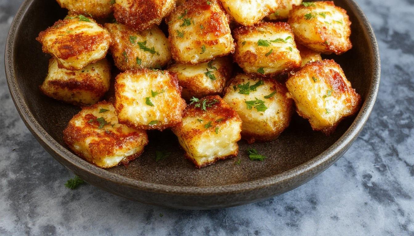 Golden-brown crispy halloumi bites arranged on a rustic wooden platter, garnished with fresh herbs and served with a dipping sauce. The bites feature a crunchy exterior with hints of salt and a melted, gooey center, showcasing their irresistible texture and inviting appearance.
