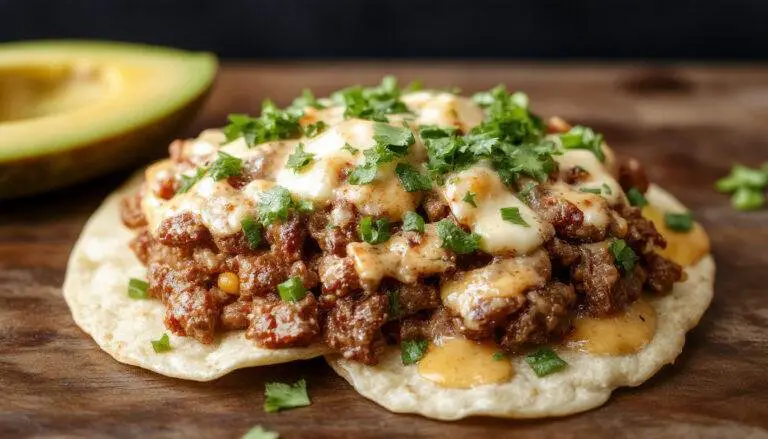 A close-up of golden-brown, crispy tostadas topped with seasoned ground beef, shredded lettuce, diced tomatoes, and melted cheese, arranged attractively on a rustic wooden platter.