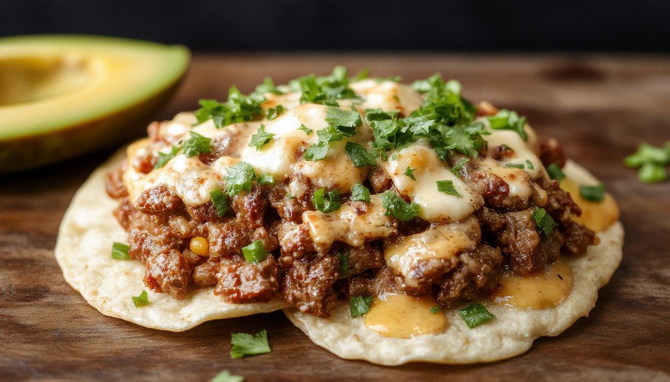 A close-up of golden-brown, crispy tostadas topped with seasoned ground beef, shredded lettuce, diced tomatoes, and melted cheese, arranged attractively on a rustic wooden platter.