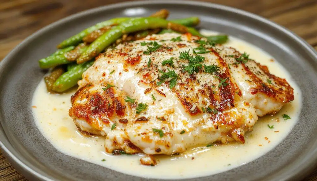 A golden-brown crispy chicken breast topped with a rich, creamy garlic sauce, garnished with fresh parsley on a white plate, accompanied by toasted bread slices and a side of steamed vegetables. The dish looks tender with a crunchy exterior and a velvety sauce that glistens under soft lighting.