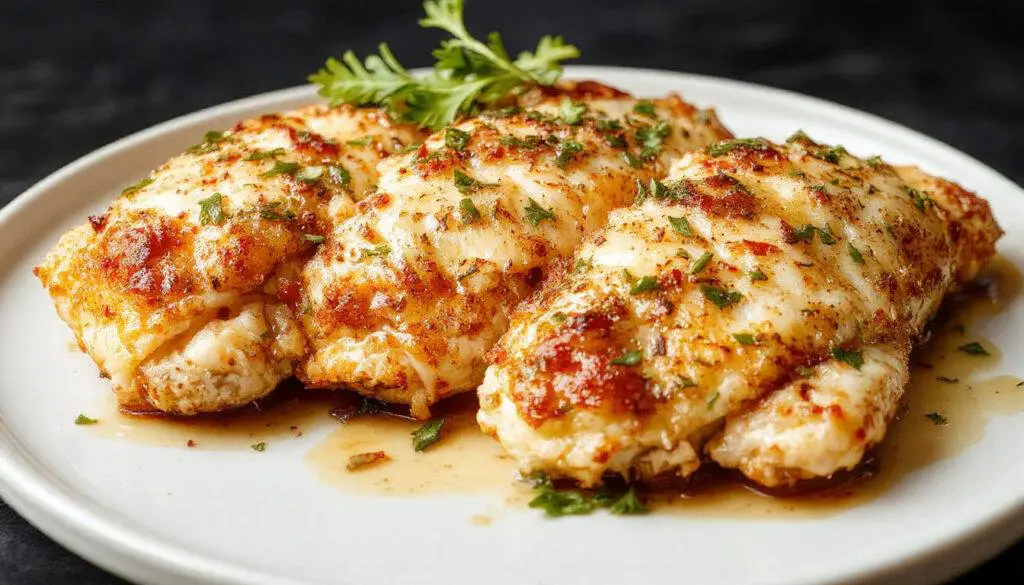 A golden-brown crispy chicken breast topped with grated Parmesan cheese and chopped parsley, served alongside a creamy garlic sauce in a white oval dish, with a side of fresh green herbs and a rustic wooden table in the background.