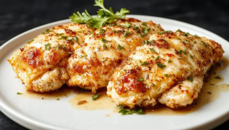 A golden-brown crispy chicken breast topped with grated Parmesan cheese and chopped parsley, served alongside a creamy garlic sauce in a white oval dish, with a side of fresh green herbs and a rustic wooden table in the background.