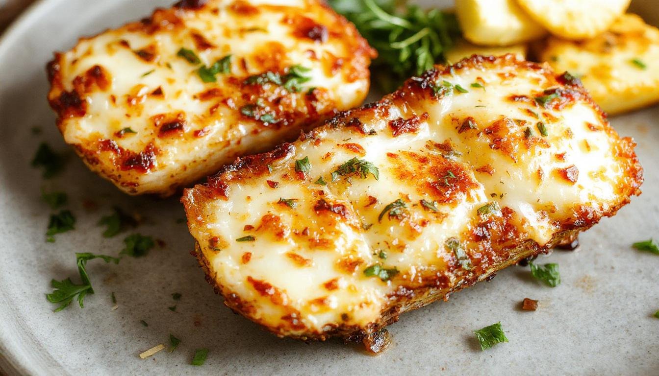 A close-up of golden-brown, crispy air-fried halloumi slices stacked on a white plate, with a few gooey cheese oozing at the edges, garnished with fresh herbs and served alongside a small bowl of dipping sauce.