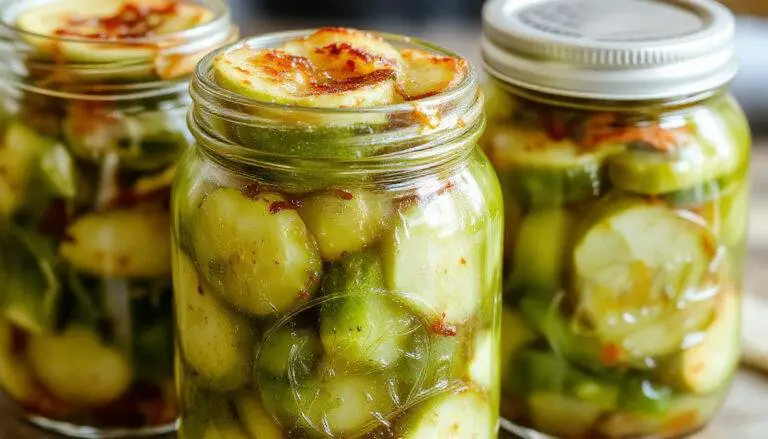 A jar of vibrant green homemade dill pickles with fresh dill sprigs, garlic cloves, and peppercorns visible inside. The jar is placed on a rustic wooden surface, with a few pickles slightly protruding from the jar, showcasing their crispy texture and shiny exterior. The background is softly blurred to emphasize the pickles' freshness and vivid color.