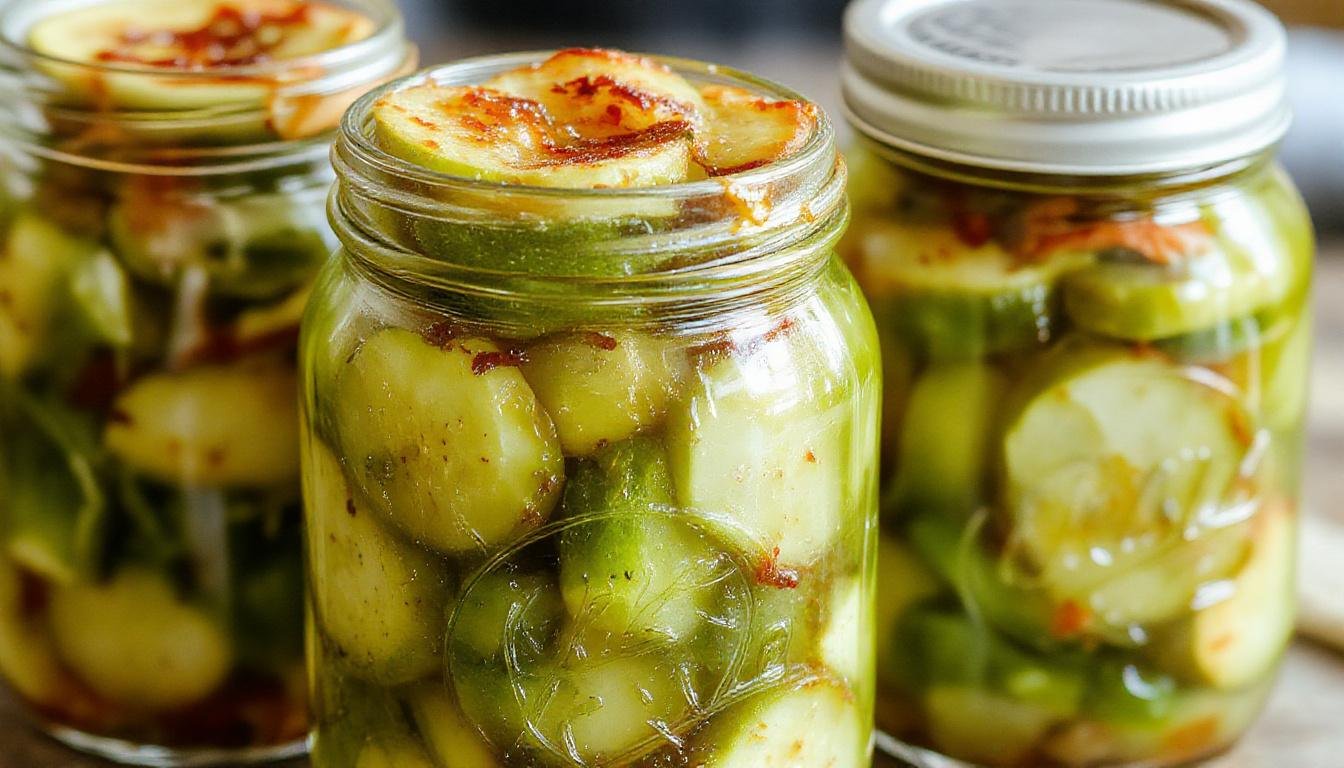 A jar of vibrant green homemade dill pickles with fresh dill sprigs, garlic cloves, and peppercorns visible inside. The jar is placed on a rustic wooden surface, with a few pickles slightly protruding from the jar, showcasing their crispy texture and shiny exterior. The background is softly blurred to emphasize the pickles' freshness and vivid color.