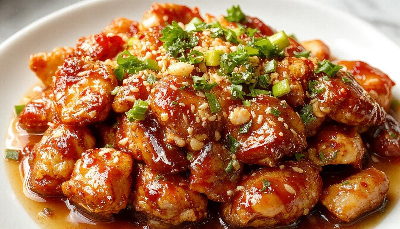 A close-up of crispy golden-brown chicken pieces coated in glossy honey and sesame seeds, presented on a white plate with a drizzle of sauce and sprinkled with additional sesame seeds and chopped green onions