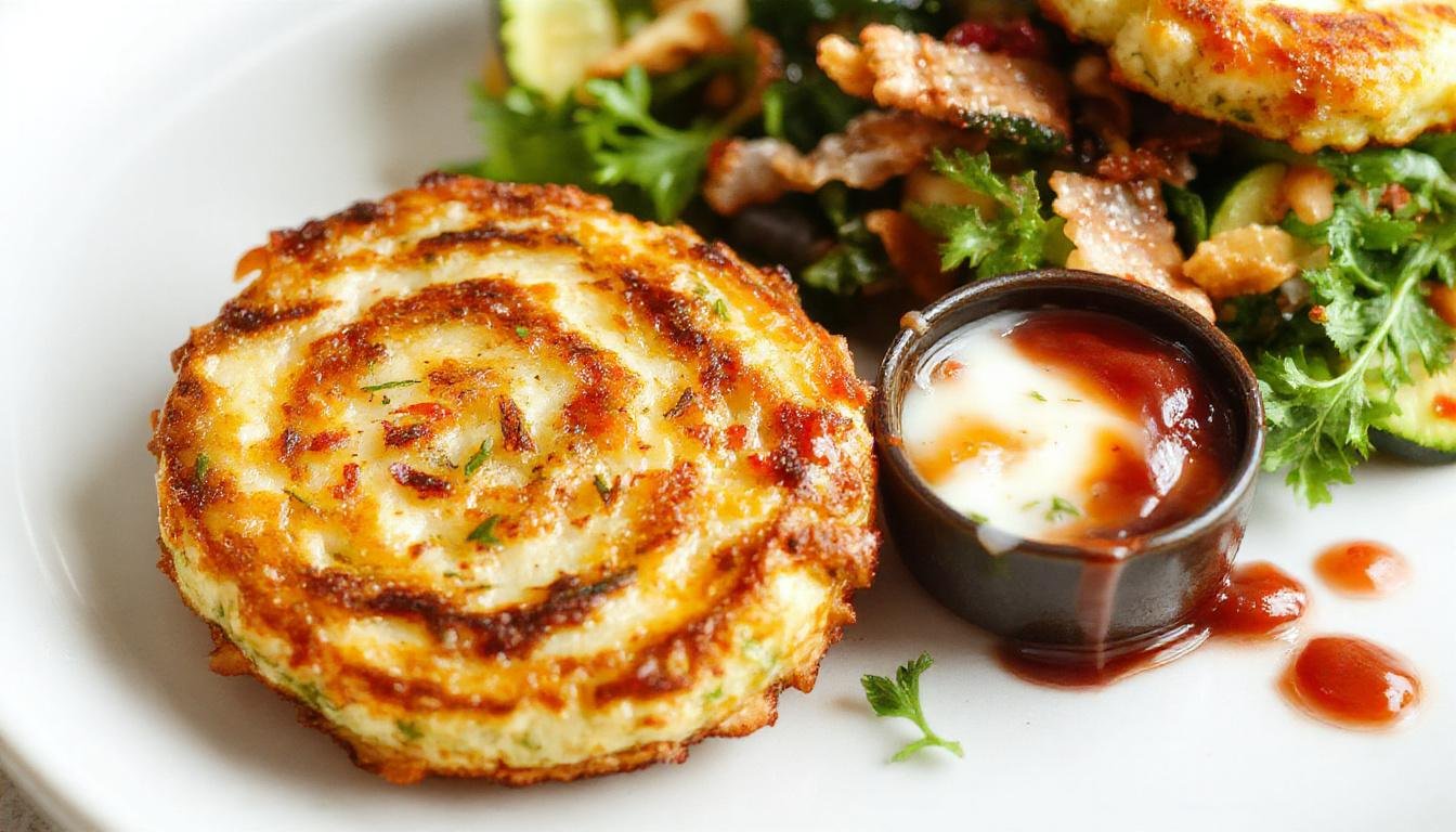 Golden-brown zucchini fritters stacked neatly on a white plate, garnished with fresh herbs, crispy edges visible, and tiny green zucchini shreds protruding from the surface.