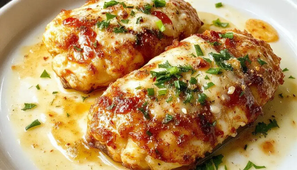 A golden-brown crispy parmesan chicken breast garnished with fresh parsley on a white plate. The chicken has a crunchy texture with a cheesy topping, served alongside a small side of mixed greens and a lemon wedge, with a rustic wooden table background.