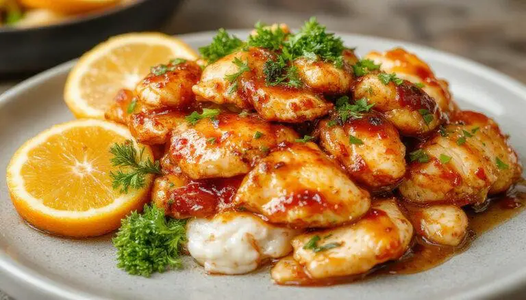 A vibrant plate of crispy orange chicken arranged neatly with golden-brown battered pieces coated in a glossy orange glaze, garnished with sliced green onions and orange zest, served on a white ceramic dish with a side of steamed rice.