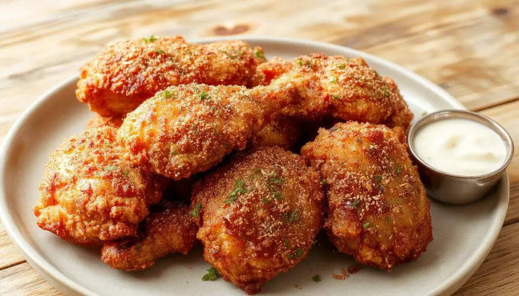 Golden-brown crispy Southern fried chicken pieces arranged on a rustic platter, glistening with a light sheen of oil, garnished with fresh herbs and served alongside a side of creamy coleslaw. The chicken's crispy crust shows a textured coating with a perfect unevenness, highlighting the fried surface. The background features a warm, inviting kitchen setting with scattered flour and spices.