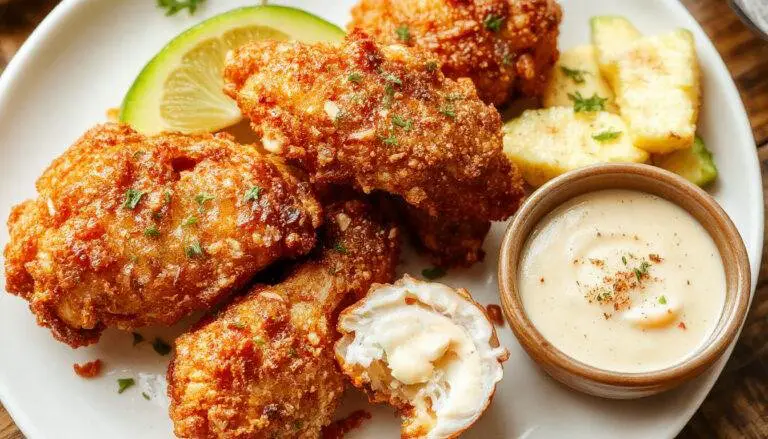 A golden-brown crispy Southern fried chicken drumstick resting on a rustic wooden plate, with a side of pickles and a dipping sauce. The chicken skin is textured and crunchy, with seasoned spices visible. The background features a vintage table setting with a hint of greenery, highlighting the savory, inviting presentation.