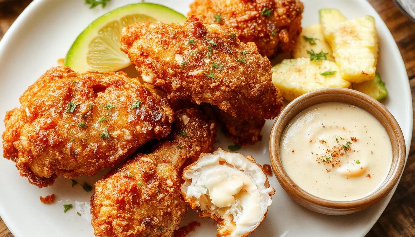 A golden-brown crispy Southern fried chicken drumstick resting on a rustic wooden plate, with a side of pickles and a dipping sauce. The chicken skin is textured and crunchy, with seasoned spices visible. The background features a vintage table setting with a hint of greenery, highlighting the savory, inviting presentation.