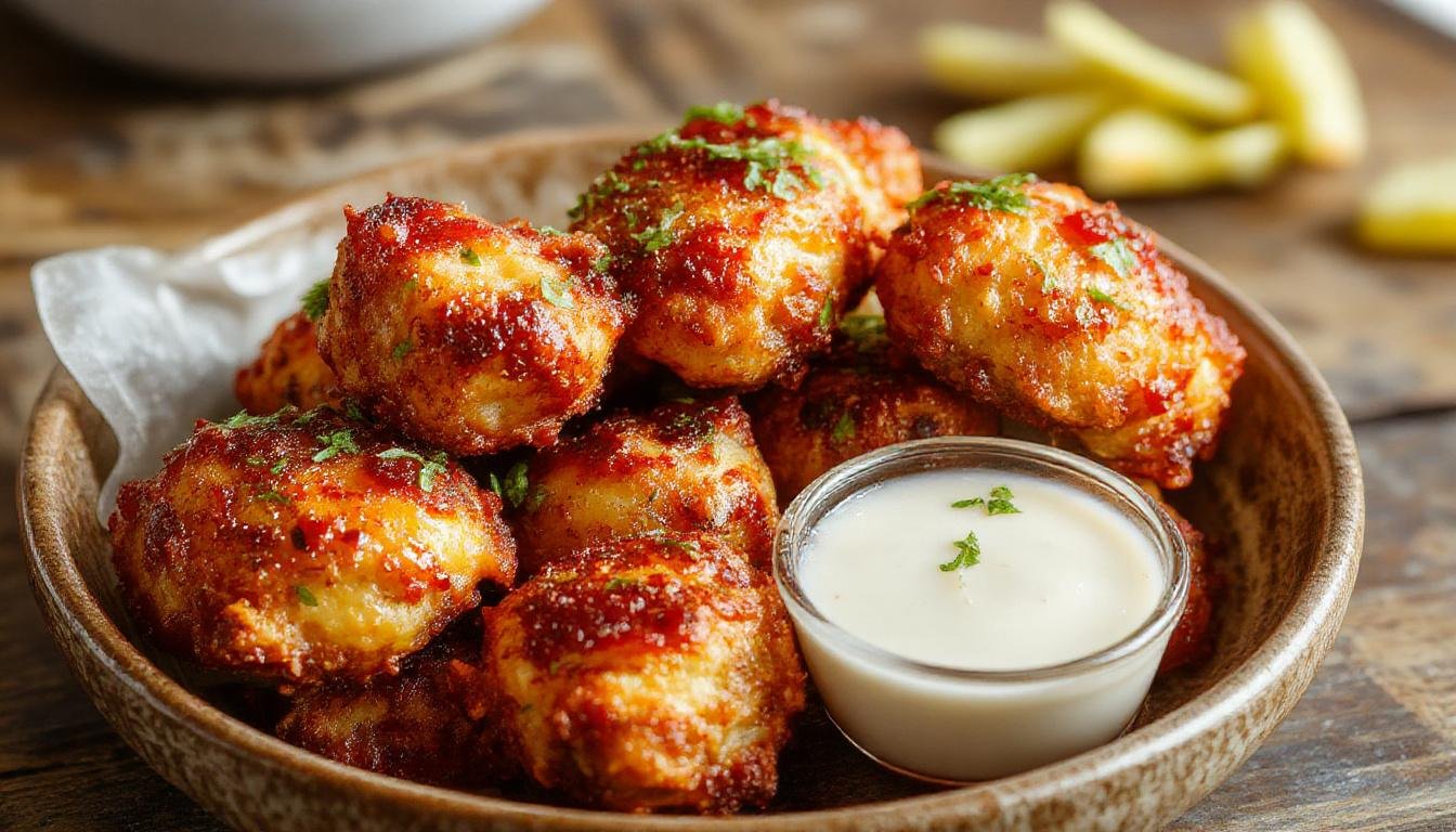 Golden-brown crispy chicken bites coated with a spicy glaze, arranged on a white plate garnished with sliced green onions and sesame seeds, with a crispy texture visible and a glossy sauce highlighting the spicy glaze.