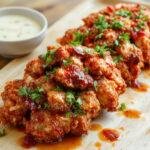 A golden-brown, crispy Bang Bang Chicken pieces topped with a glossy, spicy red sauce, garnished with sliced green onions and sprinkled with sesame seeds, served on a white plate with a side of fresh vegetables