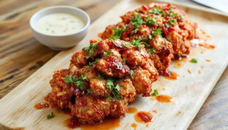 A golden-brown, crispy Bang Bang Chicken pieces topped with a glossy, spicy red sauce, garnished with sliced green onions and sprinkled with sesame seeds, served on a white plate with a side of fresh vegetables