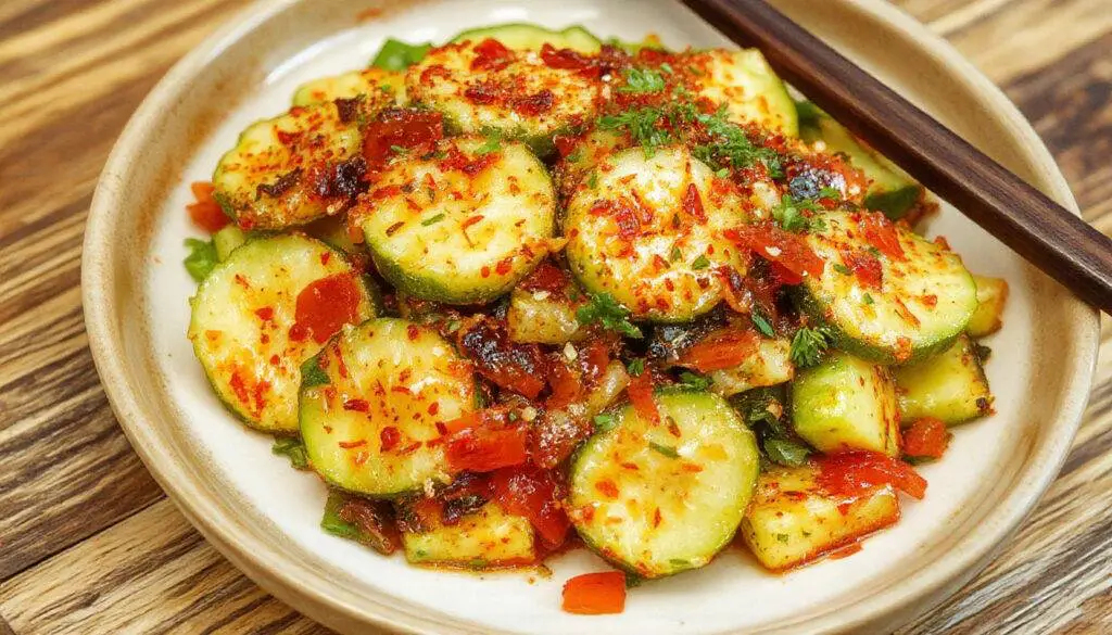 A vibrant Korean cucumber salad featuring thinly sliced cucumbers coated in a bright red spicy sauce, garnished with sesame seeds and chopped green onions, arranged on a white plate with some sauce drizzled over the sides. The cucumbers are crisp, glossy, and fresh-looking, with a colorful, appetizing appearance.