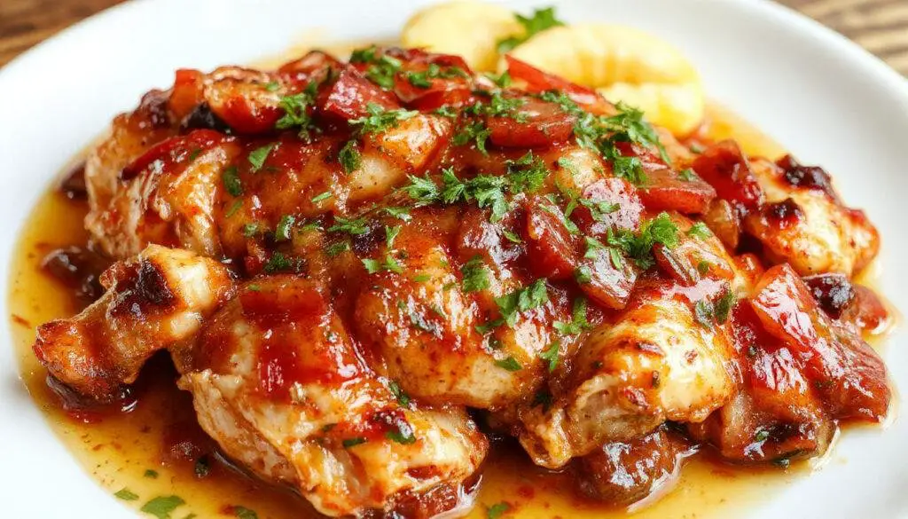 A close-up of a simmered Crockpot Mississippi Chicken served on a rustic white plate, topped with melted cheese, garnished with fresh parsley. The chicken is tender and juicy, with a glossy sauce surrounding it, showcasing a blend of golden-brown and creamy textures. In the background, soft focus on the slow cooker, highlighting the meal's hearty and comforting appeal.