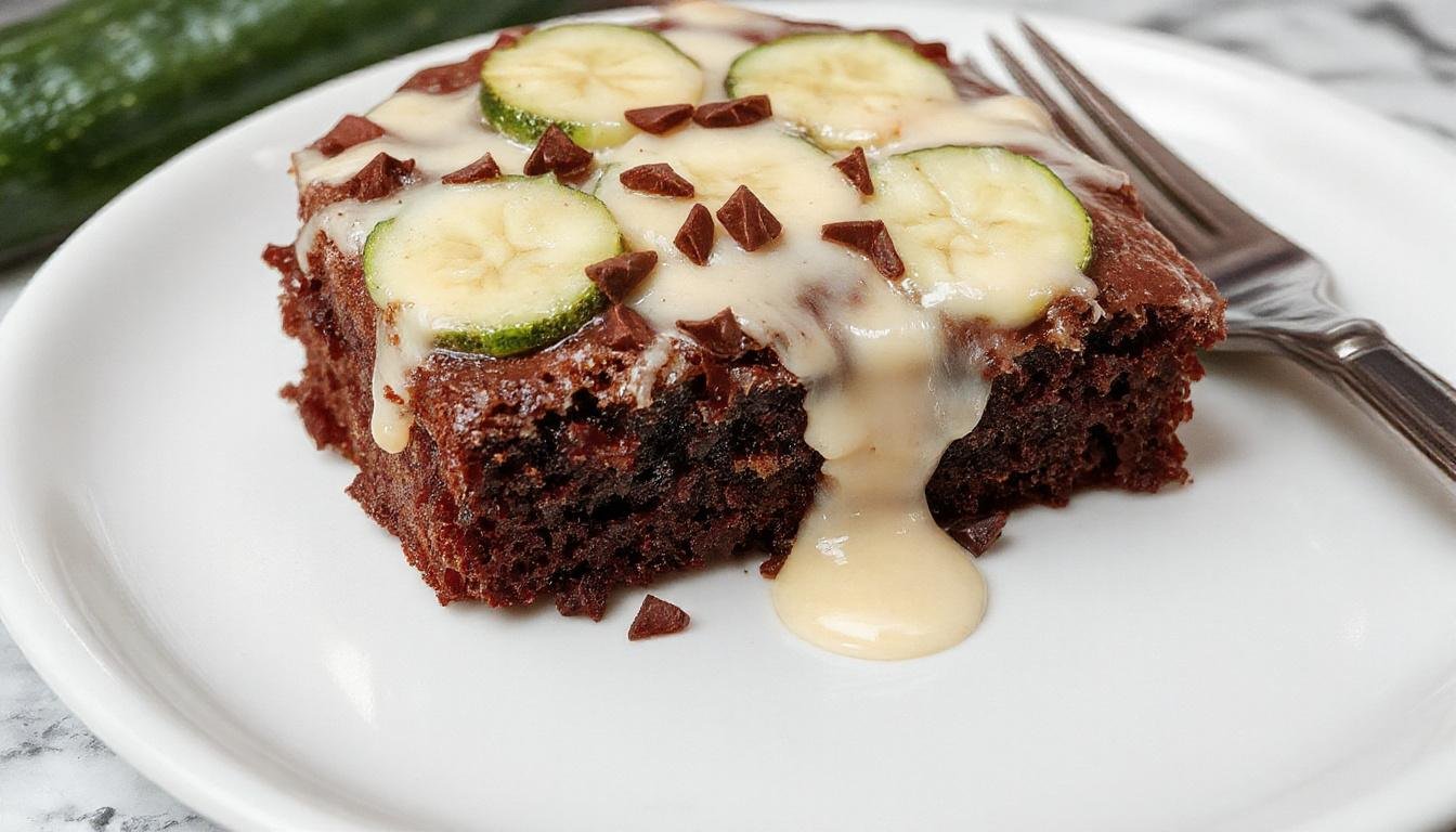 A slice of decadent chocolate zucchini cake with a rich, fudgy texture, topped with a glossy chocolate glaze and garnished with a few zucchini shreds and a sprig of mint. The cake slice is presented on a rustic plate with crumbs scattered around, showcasing the moist interior and smooth frosting contrasts.