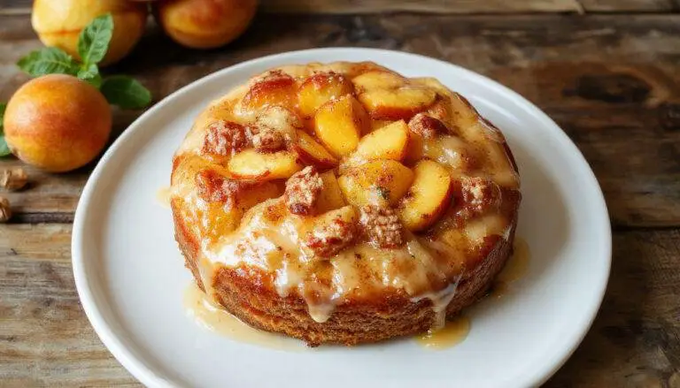 A slice of fresh peach cake on a white plate, showcasing golden-brown crust and vibrant peach slices on top, garnished with a sprig of mint, set against a rustic wooden table with whole peaches in the background.