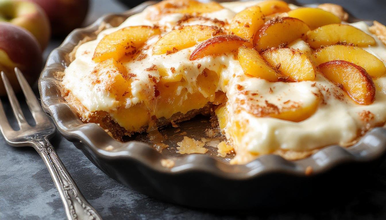 A slice of Peach and Cream Pie on a white plate, showcasing a golden, flaky crust topped with luscious peach slices and a swirl of whipped cream, garnished with a fresh mint leaf. The remaining pie is visible in the background with a glossy, caramelized peach filling and a crumbly crust, all set on rustic wooden table.