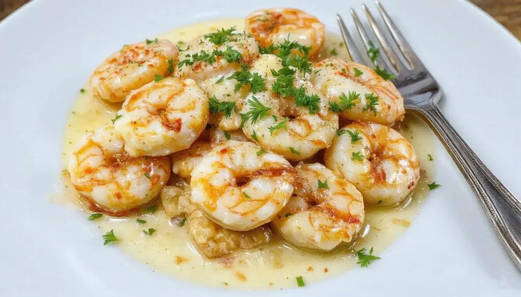 A close-up of a white plate filled with creamy garlic parmesan shrimp, showcasing plump, tender shrimp coated in a rich, buttery sauce, garnished with fresh parsley. The dish is set on a rustic wooden table, with a side of crusty bread and lemon wedges nearby, highlighting vibrant colors and glossy textures.