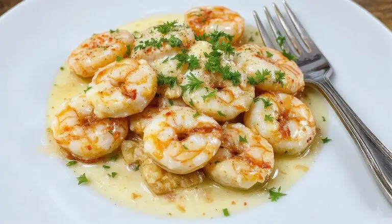 A close-up of a white plate filled with creamy garlic parmesan shrimp, showcasing plump, tender shrimp coated in a rich, buttery sauce, garnished with fresh parsley. The dish is set on a rustic wooden table, with a side of crusty bread and lemon wedges nearby, highlighting vibrant colors and glossy textures.