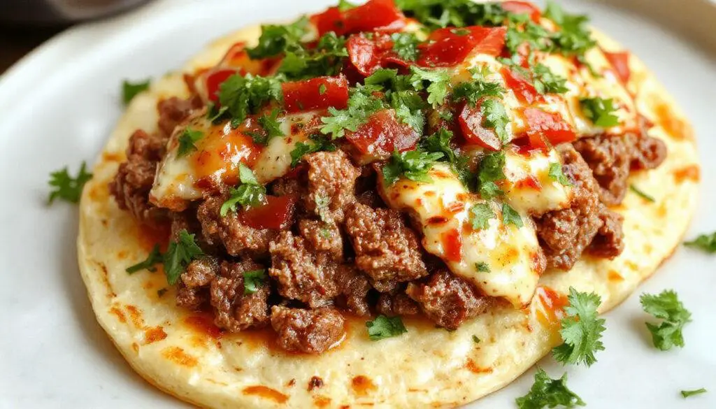A vibrant plate featuring crispy tostadas topped with seasoned ground beef, fresh diced tomatoes, shredded lettuce, sliced avocados, and sprinkled cheese, all arranged neatly on a rustic wooden surface with a colorful background.