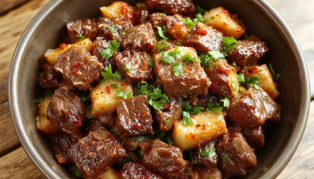 A vibrant stir-fry featuring tender beef slices coated in a glossy, dark sauce, garnished with sliced green onions atop a white plate with a side of steamed rice and colorful bell peppers.