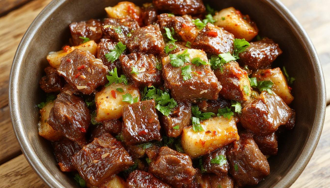 A vibrant stir-fry featuring tender beef slices coated in a glossy, dark sauce, garnished with sliced green onions atop a white plate with a side of steamed rice and colorful bell peppers.