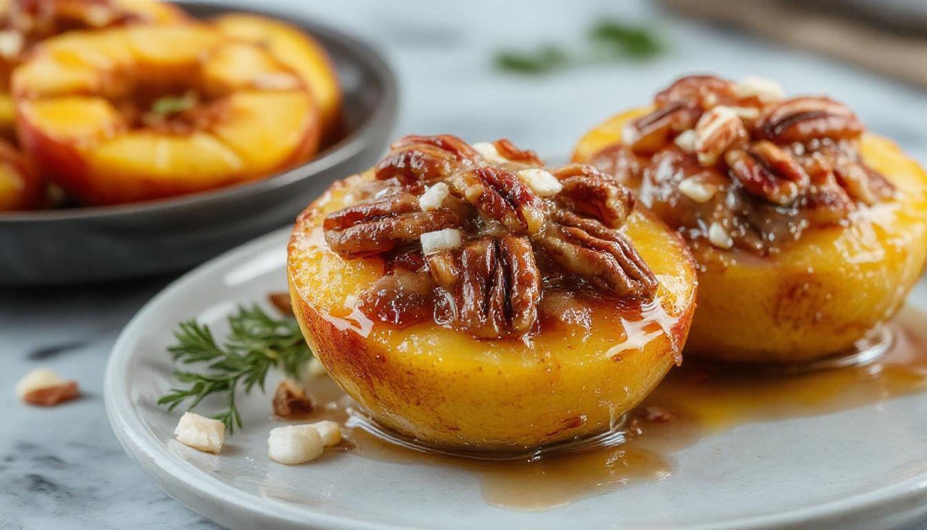 A close-up of two halved baked peaches filled with a golden brown pecan mixture, topped with a sprig of fresh mint on a rustic wooden plate. The peaches have a caramelized glaze and are surrounded by toasted pecans and a drizzle of honey, creating a warm, inviting atmosphere.