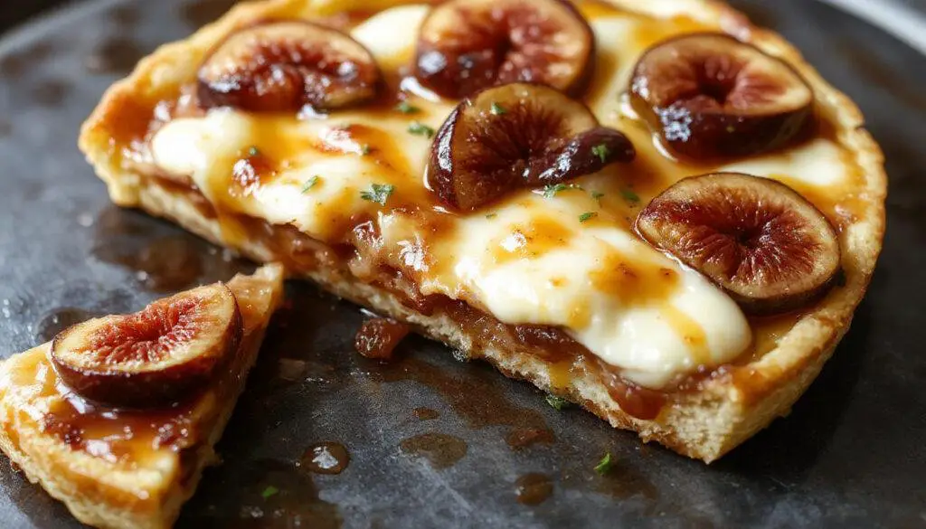 A close-up of a beautifully plated caramelized fig and mascarpone tart. The tart features a golden-brown crust topped with glossy caramelized fig slices arranged in an artistic pattern. The creamy mascarpane layer peeks through, garnished with a dusting of powdered sugar and a sprig of fresh mint. The presentation is elegant, with a rustic wooden table background and soft natural lighting highlighting the textures and colors of the dessert.