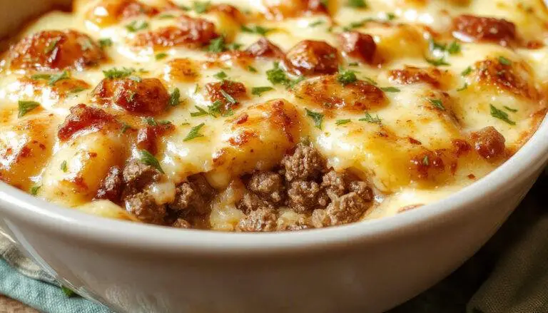 A golden-brown cheesy ground beef and potato casserole in a white baking dish topped with melted cheese and fresh chopped herbs, steam rising from the hot dish