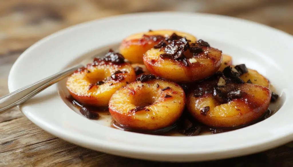 A close-up of a baking dish filled with golden-brown baked peaches topped with a sprinkle of cinnamon and a drizzle of honey. The peaches are plump, juicy, and caramelized, with a slightly crispy surface. The dish sits on a rustic wooden table with a warm, inviting ambiance, highlighting the natural orange and yellow hues of the baked fruit.