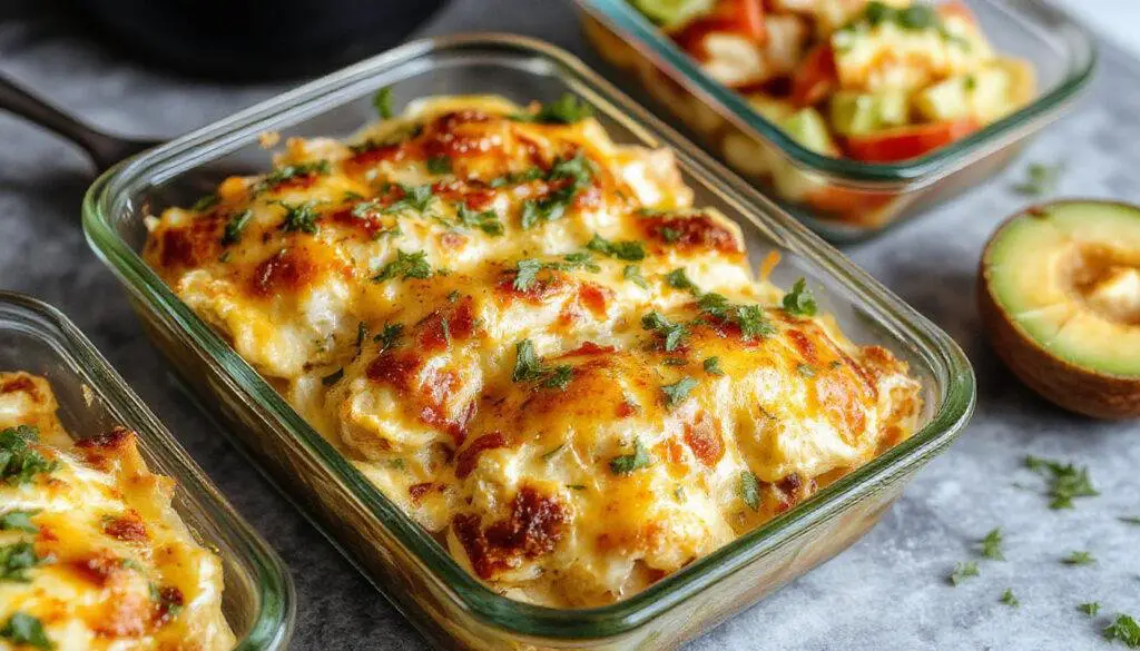 A colorful chicken burrito casserole in a rectangular baking dish topped with melted cheese, vibrant red and green bell peppers, and fresh cilantro. The dish shows layers of seasoned chicken, rice, beans, and a crispy cheesy crust, garnished with lime wedges and cilantro sprigs. The scene emphasizes a warm, inviting, and hearty meal.