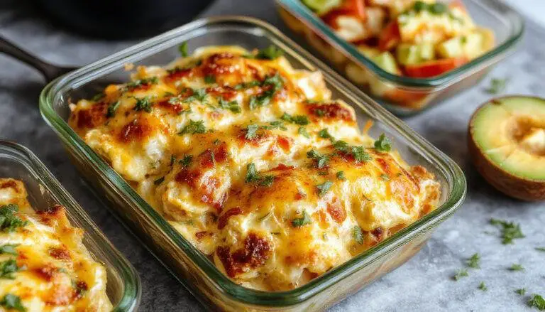 A colorful chicken burrito casserole in a rectangular baking dish topped with melted cheese, vibrant red and green bell peppers, and fresh cilantro. The dish shows layers of seasoned chicken, rice, beans, and a crispy cheesy crust, garnished with lime wedges and cilantro sprigs. The scene emphasizes a warm, inviting, and hearty meal.