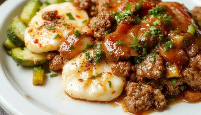 A rustic white plate showcasing a hearty ground beef casserole topped with melted cheese and chopped herbs. The dish is garnished with fresh parsley, with a side of colorful vegetable stir-fry, all presented on a wooden table.