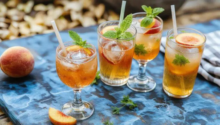 A tall glass of homemade peach iced tea filled with ice cubes, topped with a wedge of fresh peach and a sprig of mint, with peach slices and tea leaves visible inside the drink. The background features a summery outdoor setting with sunlight glinting off the glass, emphasizing the vibrant orange hue of the tea and the fresh fruit garnishes.