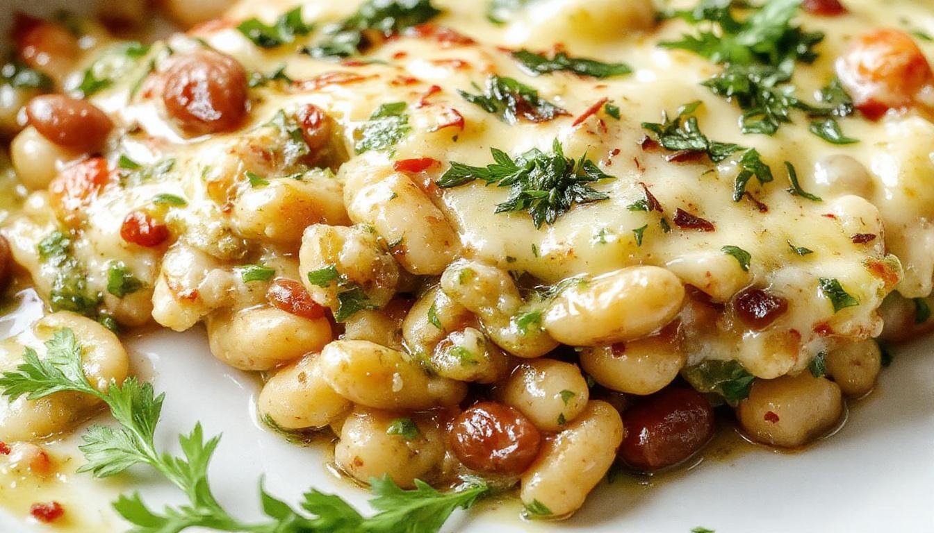 A close-up of a golden-brown baked casserole in a rustic ceramic dish topped with melted cheese, garnished with fresh basil leaves, and surrounded by scoops showing creamy white beans and vibrant green pesto swirls.