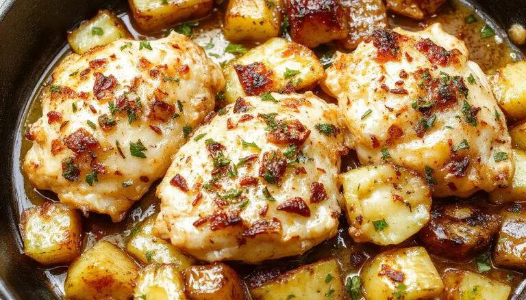 A close-up image of a skillet filled with golden-brown roasted chicken pieces, crispy edges, and caramelized garlic cloves nestled among tender, roasted potato wedges sprinkled with freshly grated Parmesan cheese and chopped parsley. The dish is presented on a rustic wooden table, with steam gently rising, emphasizing its warmth and homemade appeal.