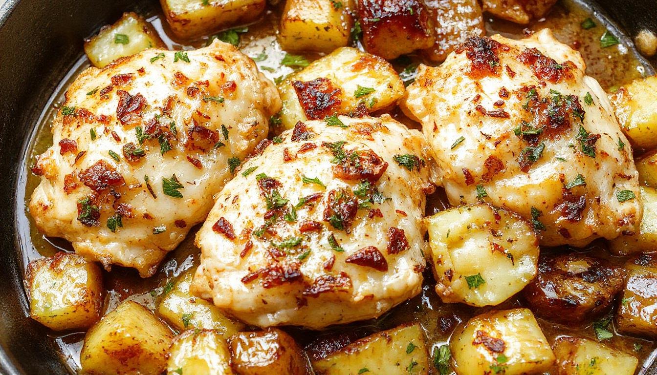 A close-up image of a skillet filled with golden-brown roasted chicken pieces, crispy edges, and caramelized garlic cloves nestled among tender, roasted potato wedges sprinkled with freshly grated Parmesan cheese and chopped parsley. The dish is presented on a rustic wooden table, with steam gently rising, emphasizing its warmth and homemade appeal.