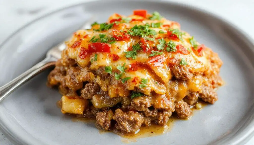 A hearty hobo casserole in a rustic ceramic dish showcasing layers of seasoned ground beef, sliced potatoes, melted cheese topped with chopped herbs, steam rising, served on a wooden surface with a warm, inviting ambiance.