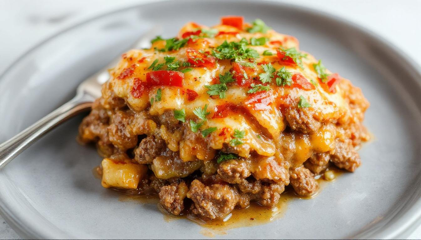 A hearty hobo casserole in a rustic ceramic dish showcasing layers of seasoned ground beef, sliced potatoes, melted cheese topped with chopped herbs, steam rising, served on a wooden surface with a warm, inviting ambiance.